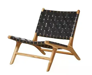 Vendita calda soggiorno sella in pelle Rattan Relax sedia struttura in legno di quercia sedia a sdraio Vintage in pelle