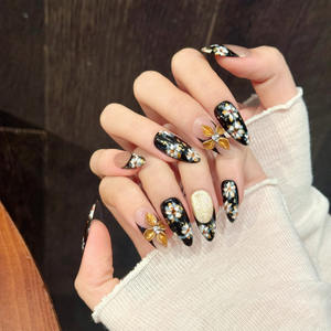 Ontwerp # 3234 # 3236 Luxe handgemaakte 3D bloemen nagelkunst zwart gouden Franse opzetnagels volledige dekking dikke acryl kunstnagels - Product Image 2
