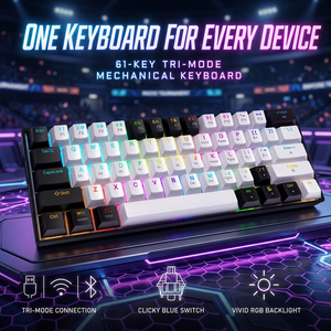 Clavier mécanique tri-mode pour jeux, 61 touches, sans fil 2.4G, rétroéclairage RGB, interrupteurs bleus, compact 60%, filaire USB C, OEM - Product Image 1