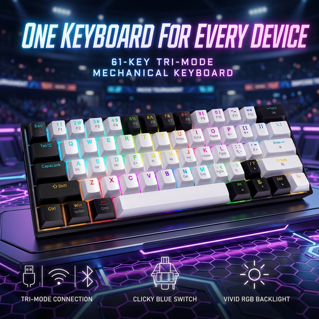 Tri-mode Mechanical Keyboard Gaming Keyboard 61 Keys Wireless 2.4G RGB Backlit Blue Switch Compact 60% Wired USB C OEM