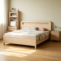 Cadre de lit minimaliste en bois de caoutchouc durable, taille Queen, avec sommier à ressorts, panneau de rangement en contreplaqué et revêtement en tissu