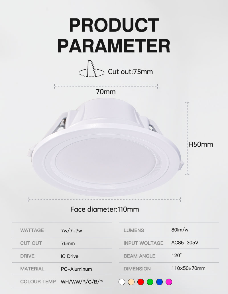 High quality AC85-265V led spotlight RGB 7 watt led downlight 100V 200V RGBW 7w led downlight with dimmable mode