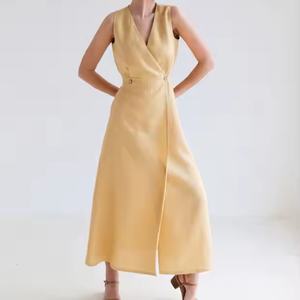 Vestido de Lino Beige Sólido al por Mayor para Mujer, con Logotipo Personalizado, Sin Mangas, Estilo Casual, Largo Maxi, para Primavera, Tejido de Alta Calidad - Product Image 2