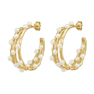 Gemnel high quality 925 silver medium triple row waterfall pearl vermeil hoops earrings