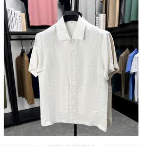 Camicia da uomo casual a maniche corte in 100% lino con perline, tinta unita, risvolto, trattamento anti-piega, alta solidità del colore, nuova collezione estiva 2026 - Product Image 3