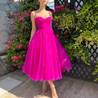 Robe Midi en Tulle Rose Vif pour Femme, Col Cœur, Bretelles Fines, Coupe Bouffante Évasée, Idéale pour Bal de Promo et Fêtes d'Anniversaire, Fabrication OEM Personnalisée