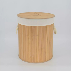 Bamboo Laundry <b>Basket</b> Round Foldable Fabric Clothing Organizer Storage With Lid And Rope Handles - Product Image 3