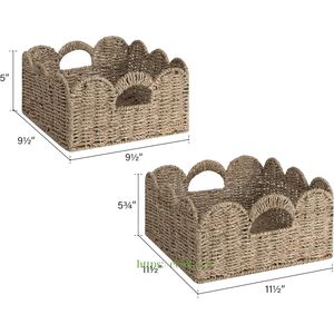 Multipurpose Eco-Friendly Handwoven Rectangle Straw Clothing Storage <b>Basket</b> Organizer with Scallop Edge Home Decoration - Product Image 2