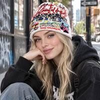 Bonnet vintage imprimé bande dessinée, bonnet d'hiver à motif lettres graffiti, style streetwear Y2K, unisexe, pour tous les jours
