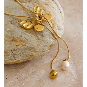 ג 'ינו 479 אלגנטי 3D נירוסטה פרפר זוהר מעוקב שרשרת זרקון שרשרת שרשרת פנינים כפולה פנינים - Product Image 4