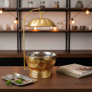 Plat de service de luxe 8 litres en acier inoxydable doré avec couvercle suspendu et base décorative ornée de filigranes - Product Image 4