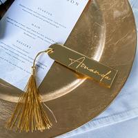 Étiquette en acrylique miroir doré personnalisée avec texte gravé et pompon/ruban pour la décoration des fêtes d'anniversaire de mariage