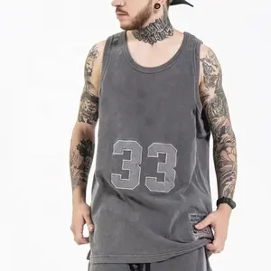 Atasan tank top gym pria, pakaian jalanan tanpa lengan katun cuci asam vintage ukuran besar