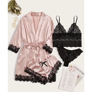 Nouvel ensemble de pyjama 4 pièces pour femmes de style européen et américain, ensemble de pyjama en satin avec dentelle, comprenant une robe, une lingerie et - Product Image 1