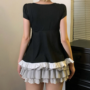 T-shirt tricoté respirant à manches courtes pour femme, style color block, effet deux pièces, coupe ample et décontractée, idéal pour l'été et le quotidien, avec ceinture - Product Image 6