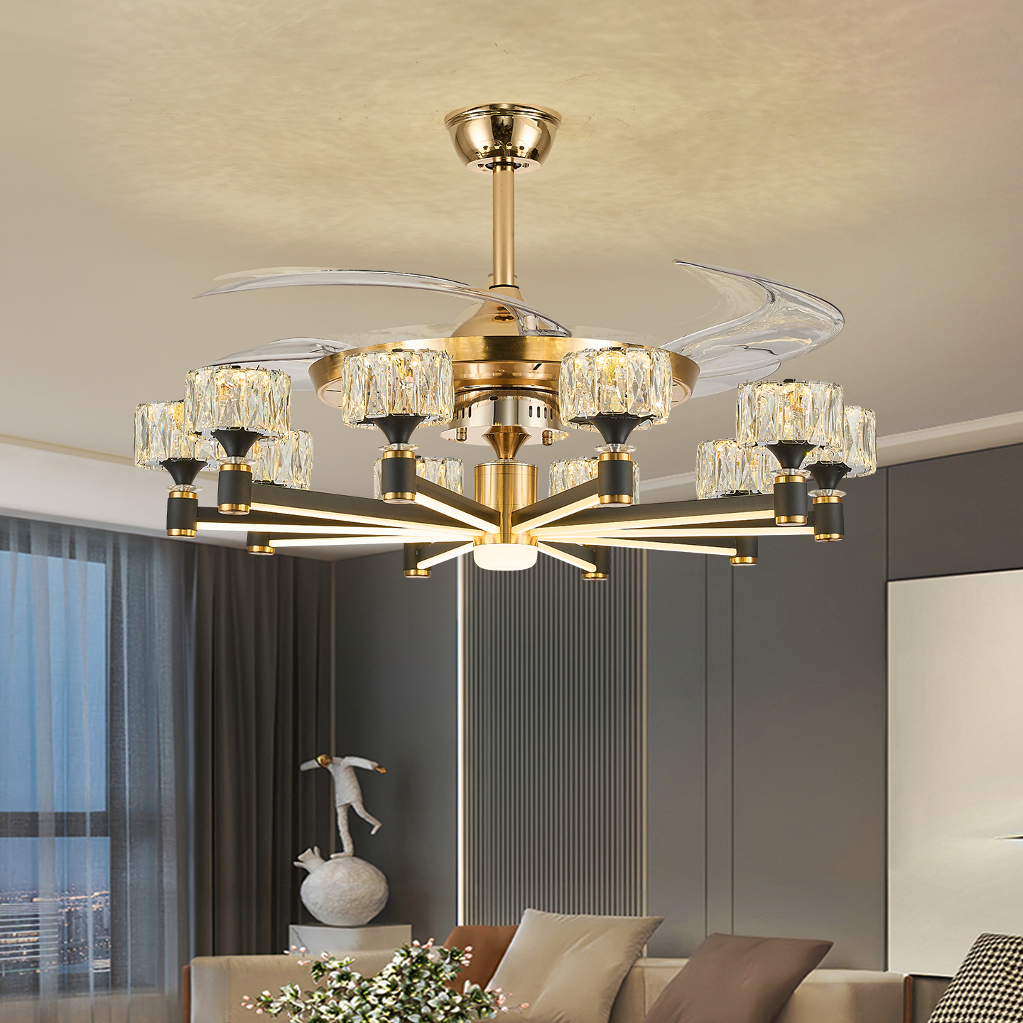 Mode Led Home Ceiling Fan Pendant Light Luxury Fan Lamp Silent ABS Blades Crystal Remote Livingroom Dining Fan Chandelier Lamp