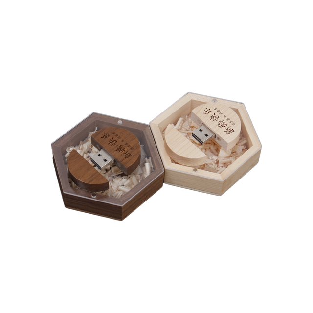 Custom Wooden USB Flash Drive 32GB/64GB with Logo Laser Engraving & Color Printing - Jewelry Gift Box USB Flash Drive