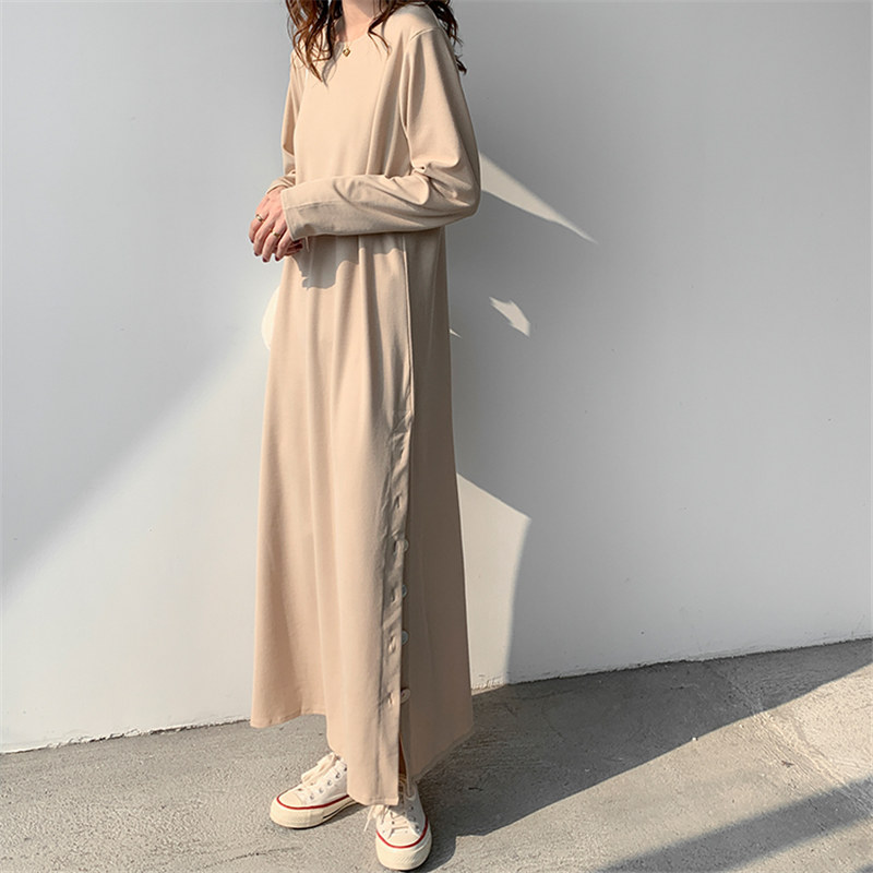 New Korean Fashion Fall Elegant Long Sleeve Knitted Dress Ladies Plain Loose Button-slit Maxi Casual Dresses For Women