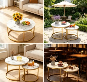 Juego de Mesa de Centro Moderno de <span class=keywords><strong>2</strong></span> Piezas, Mesa de Centro Redonda Encajada con Marco de Metal <span class=keywords><strong>y</strong></span> Tapa de Mármol, Muebles para Sala de Estar - Product Image 3