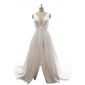 Ivory deep V neck satin ribbon A line satin royal train long tail silk custom dress wedding reception dress for bride