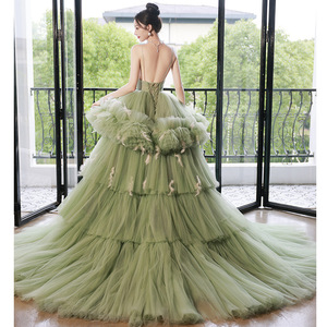 Green Ball Gown For Women Halter Neck Empire Waist Tulle Evening Dress Formal Banquet Wear - Product Image 2