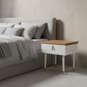 Mesita de noche moderna contemporánea de madera blanca con mesita de noche con cajón dorado - Product Image 2