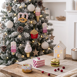 Ornements suspendus LINGKAI écologiques en PVC, motif canne à sucre 3D scintillante, menthe poivrée, beignets et cupcakes, avec cordes dorées, pour décorations de Noël et de fête - Product Image 3