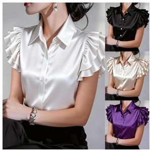 Nouvelle <span class=keywords><strong>Blouse</strong></span> d'été à revers en satin à volants et manches courtes pour <span class=keywords><strong>femme</strong></span> - Product Image 2