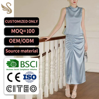 Ensemble haut sans manches en satin bleu clair et jupe midi froncée pour femme, tenue de soirée élégante, certifié OEM ODM BSCI