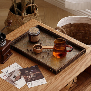 Plateau à thé en verre gaufré de style rétro japonais, cadre en bois massif, rectangulaire, pour la décoration et le rangement du café et du thé à la maison - Product Image 2