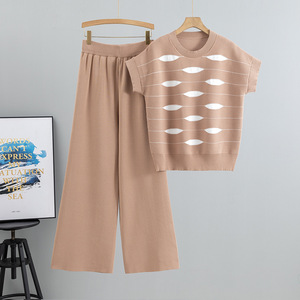 Women's <b>Knitted</b> Sweater <b>Set</b> With Contrast Stripes Breathable Polyester Wide Leg Pants 2026 Summer Casual Outfit - Product Image 1