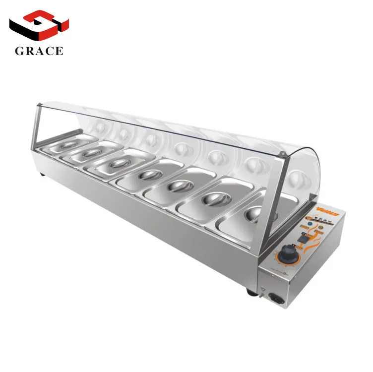 Bain Marie พร้อมฝาปิดกระจกโต๊ะไฟฟ้ามีอ่าง7ชิ้นอุปกรณ์ครัวเชิงพาณิชย์