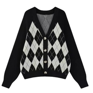 Women's V-Neck Diamond Pattern <b>Cardigan</b> Black Cotton Knitted Sweater Preppy Style Loose Fit <b>Spring</b> 2023 - Product Image 1