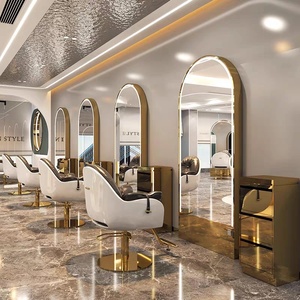 Ensemble de miroirs de salon sur pied en cuir doré, simple ou double face, <span class=keywords><strong>avec</strong></span> <span class=keywords><strong>éclairage</strong></span> LED, design moderne et épuré pour salons de coiffure - Product Image 2