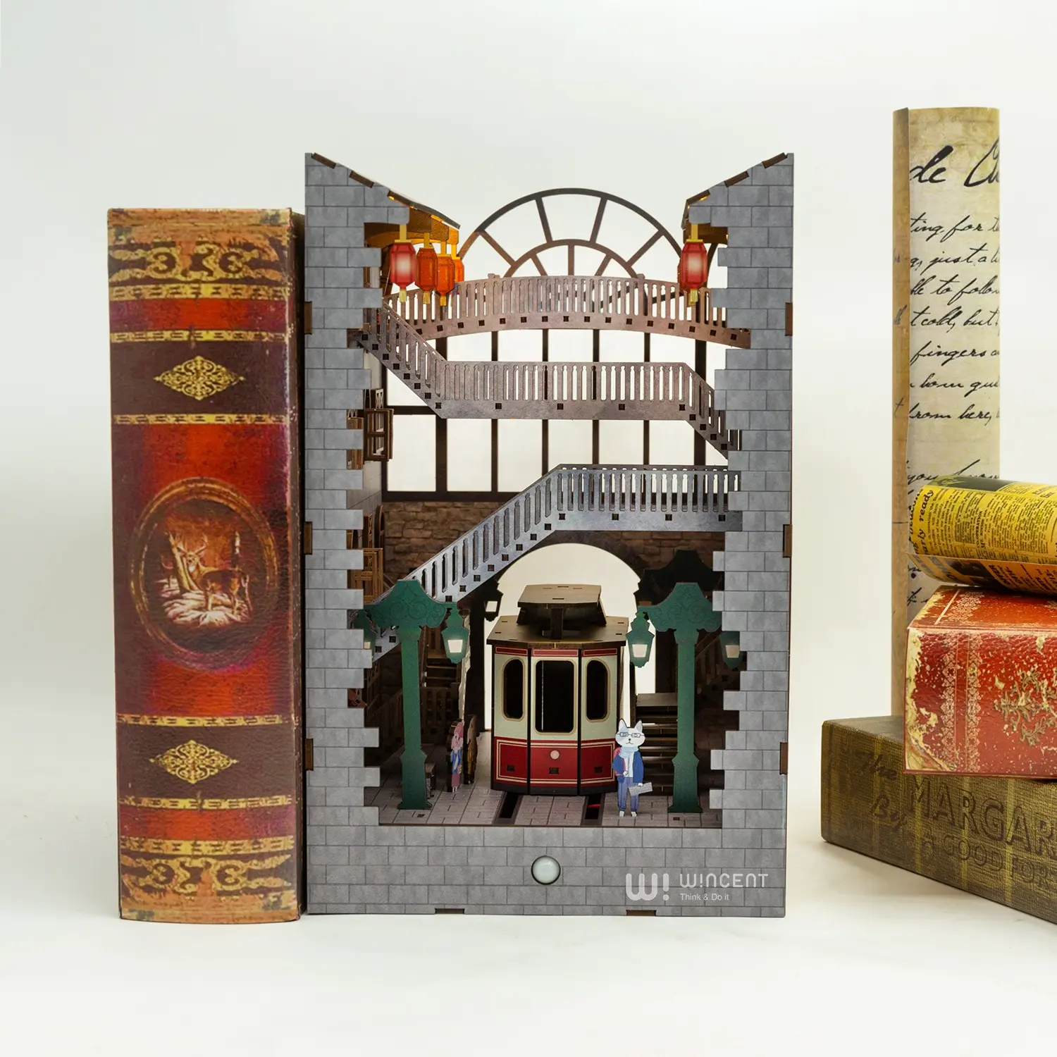 Wincent lampu Sensor Bookend halus 3D Puzzle kayu dekorasi rumah rak buku ornamen buku Nook Set Model Kit Diy kayu