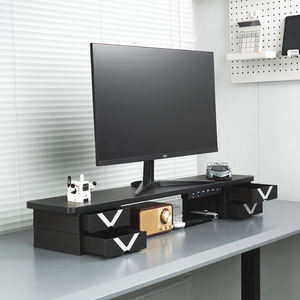 ขาตั้งจอคอมพิวเตอร์สีดำทำจากไม้ ชั้นวางแบบสองชั้น พร้อมโมดูลขยายฟังก์ชันการชาร์จเร็ว - Product Image 6