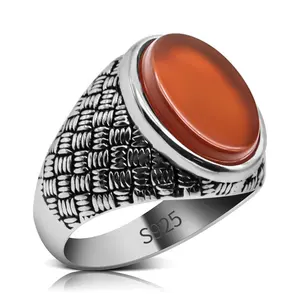 925 Sterling Silver Men's Ring Red Agate High-Quality Handcrafted Silver Band Jewelry for Men Jewelry