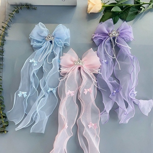 Jepit Rambut Yoly Cute Large 15.5 cm dengan Ikat Pita Renda, Jepit Rambut Pita Panjang Berbahan Jala, Aksesoris Rambut Fashion Motif Kepingan Salju untuk Wanita - Product Image 1