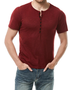 Vente en gros de chemise Henry d'été décontractée de couleur rouge unie à manches courtes pour hommes T-shirt graphique personnalisé de sport coupe ajustée - Product Image 1
