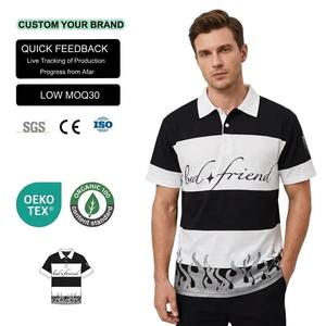 Polo de Algodón a Rayas para Hombre, Manga Corta, Diseño de Bloques de Color con Estampado de Llamas, Ropa Casual - Product Image 1