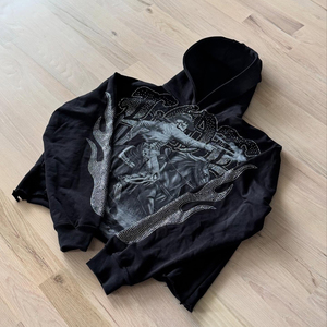 Nhà sản xuất áo hoodie nam cỡ lớn in kỹ thuật số, đính đá toàn bộ, giặt acid, màu đen, kiểu dáng rộng, đặt hàng OEM - Product Image 1