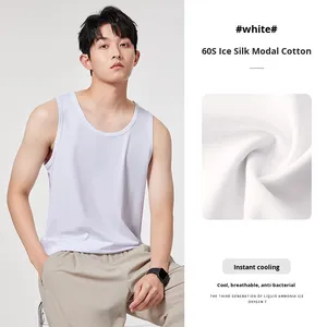T-shirt senza maniche da <span class=keywords><strong>uomo</strong></span> di fascia alta estiva stile Casual anni '60 stile Casual sottile seta di ghiaccio senza cuciture gilet tinta unita - Product Image 6