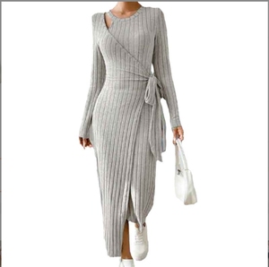 Frauen Temperament einfarbig Rundhals ausschnitt Langarm Taille Freizeit kleid - Product Image 1