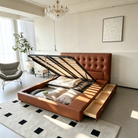 Lit moderne gain de place en cuir véritable rembourré avec rangement, lit assemblé, cadre de lit King Queen en bois avec tiroirs, structure en fer