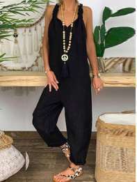 Women Casual Solid Dungarees Vintage Cotton Linen Loose Rompers Party Women Casual Long <strong>Harem</strong> Overalls <strong>Jumpsuits</strong> - Product Image 4