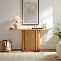 Table console à plateau en bois rond rainuré AJUNION, en chêne massif et placage de bois d'ingénierie, table d'appoint avec rangement