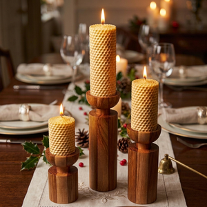 Rustic Handmade Wooden Embossing Printed Candle Holder Set of 3 Column <b>Table</b> <b>Centerpiece</b> Stand for <b>Christmas</b> Home Dining Decor - Product Image 1
