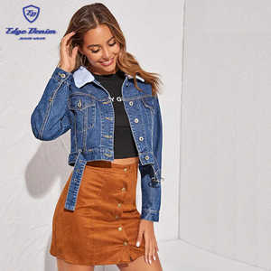 Prix pas cher vêtements en gros Joint Torique ceinturé bleu denim camionneur veste en jean avec col borg pour femmes - Product Image 2