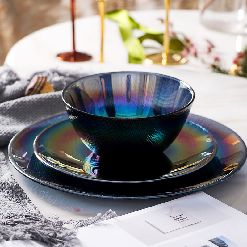 Iridescent Glas Geschirrset mit 8 glänzenden Tellern und Schalen