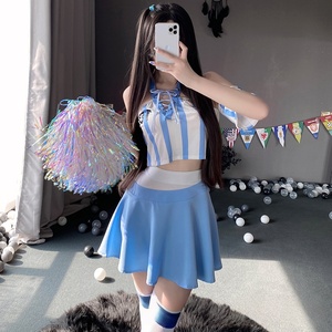 Sexy Soccer Jersey <b>Costume</b> Lingerie Women's Blue White Striped Crop Top With Skirt Adult Game Cosplay Outfit - Product Image 4